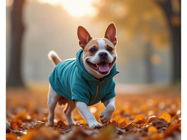 A dog wearing a light jacket happily playing in mild autumn weather