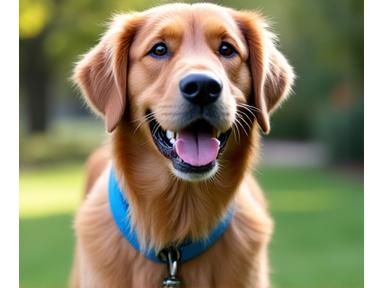 A cheerful golden retriever wearing a bright blue collar, looking playful.