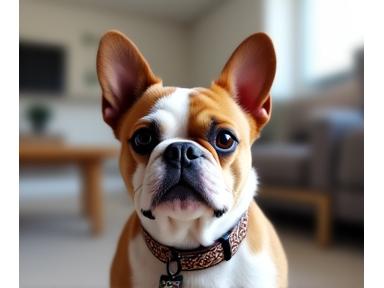 A a small dog, possibly a French Bulldog, sporting a trendy patterned collar.