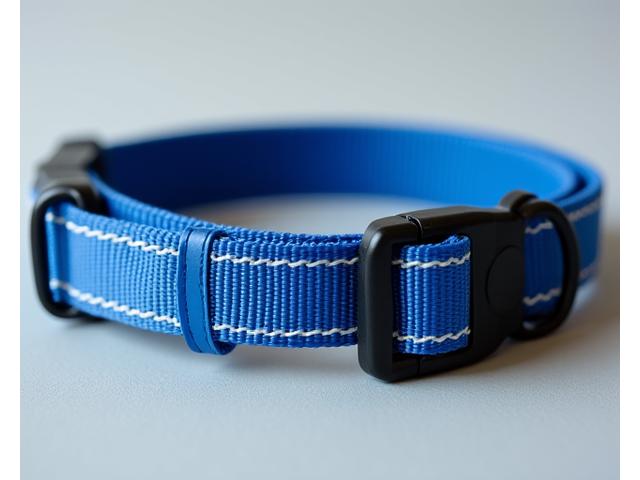 Close-up of a heavy-duty dog collar with reinforced stitching and a robust metal buckle. The collar is made of tough, weather-resistant nylon in a vibrant blue, with a small reflective strip. It's clean and looks new, implying durability.