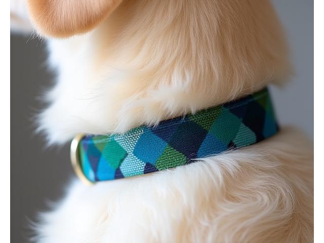 Close-up of new geometric pattern dog collar on fluffy dog neck