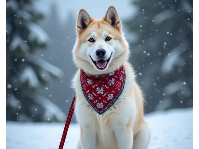 Dog wearing a festive winter-themed bandana and a durable leash in snowy environment