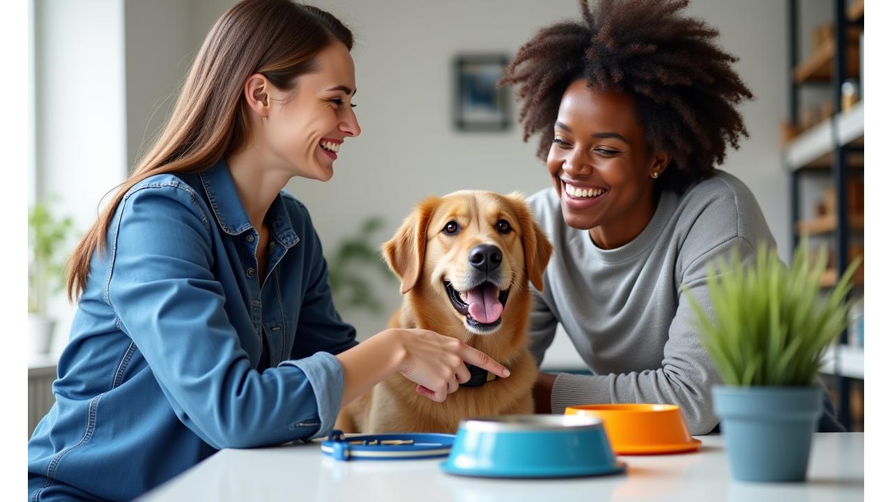 Friendly pet gear expert consulting with a happy dog owner, surrounded by various dog products.