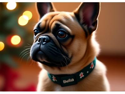 Dog in a festive collar with Christmas tree embroidery and 'Bella' written on it.